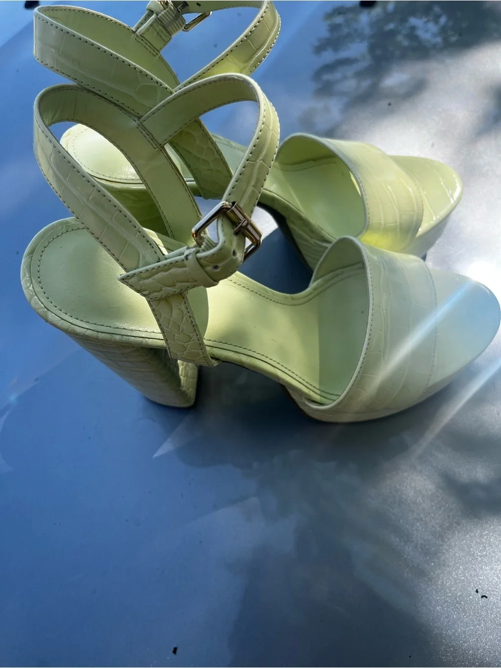 Guess Pale Green Croc-Embossed Block Heel Sandals